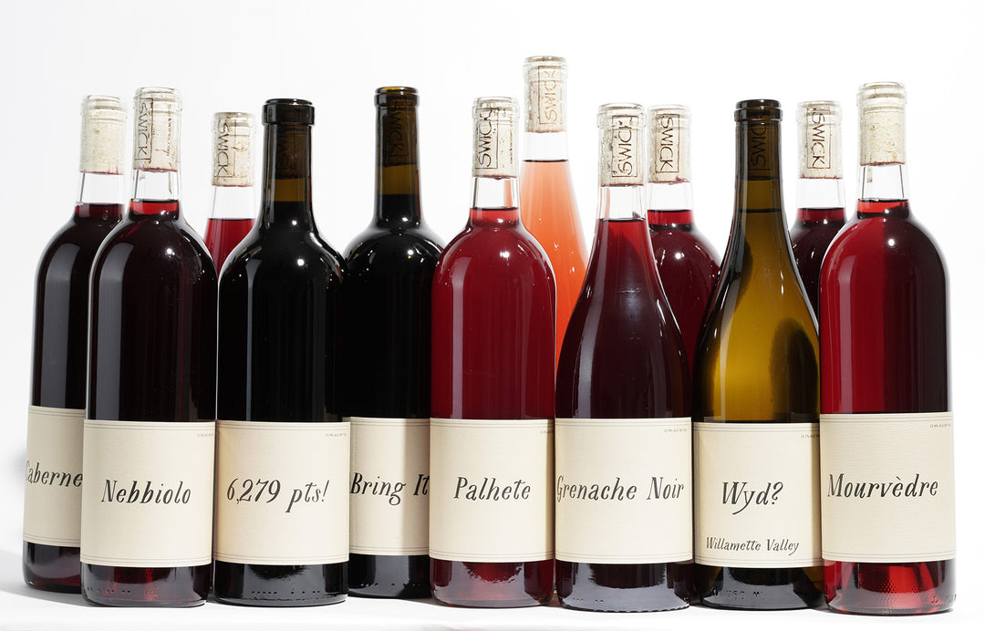 Swick Wines Joe's Mixed Case featuring a lineup of eight diverse wine bottles including Nebbiolo Palhete Grenache Noir Mourvèdre and more in red rosé and white varieties