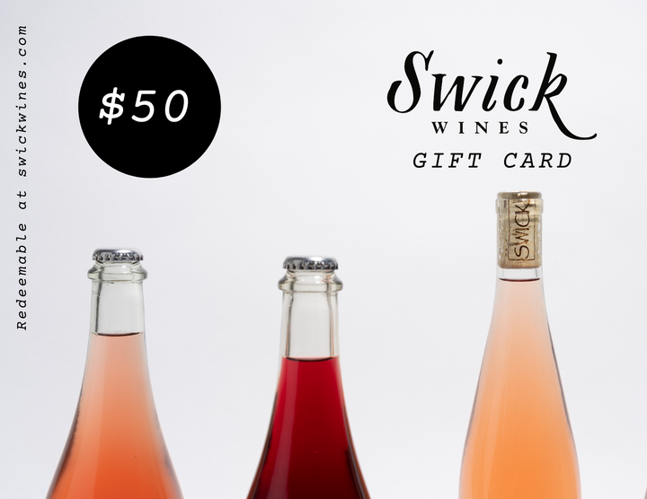 Swick Wines $50 digital gift card featuring three rosé wine bottles in pink and coral tones with Swick Wines Gift Card text