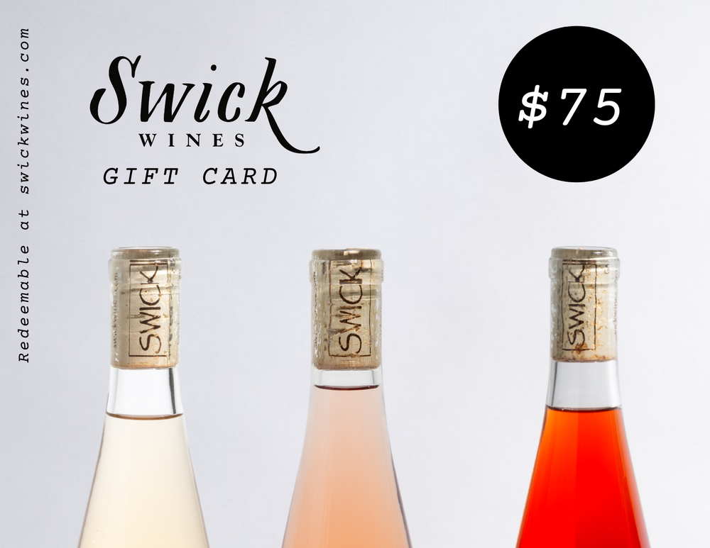 Swick Wines $75 digital gift card featuring three rosé wine bottle tops with corks in pink and coral tones with Swick Wines Gift Card text