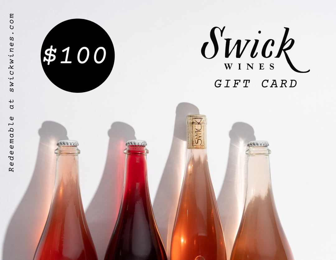 Swick Wines $100 digital gift card featuring four rosé wine bottles in pink red and coral tones with Swick Wines Gift Card text