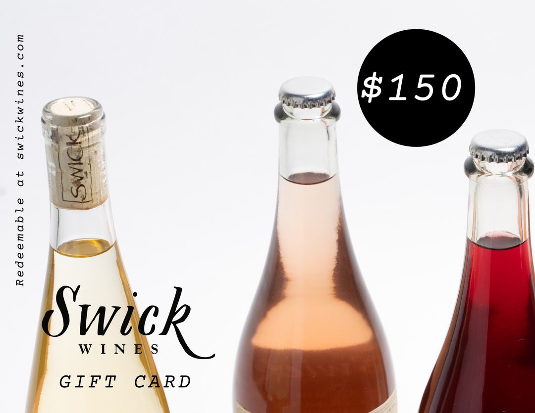 Swick Wines $150 digital gift card featuring close-up of three wine bottle caps in white pink and red tones with Swick Wines Gift Card text