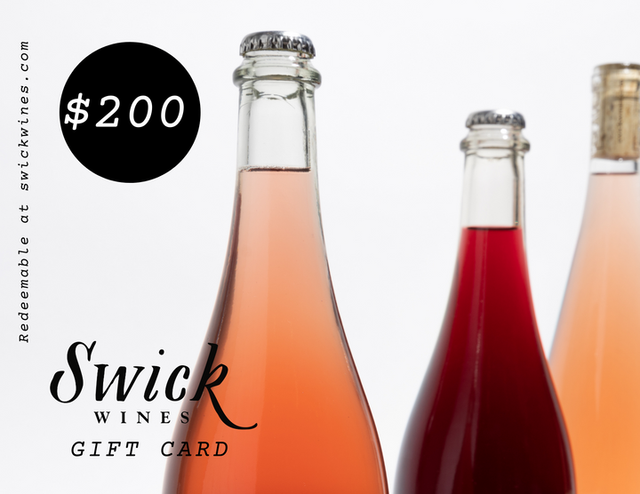 Swick Wines $200 digital gift card featuring three wine bottle necks in pink rosé and deep red tones with Swick Wines Gift Card text